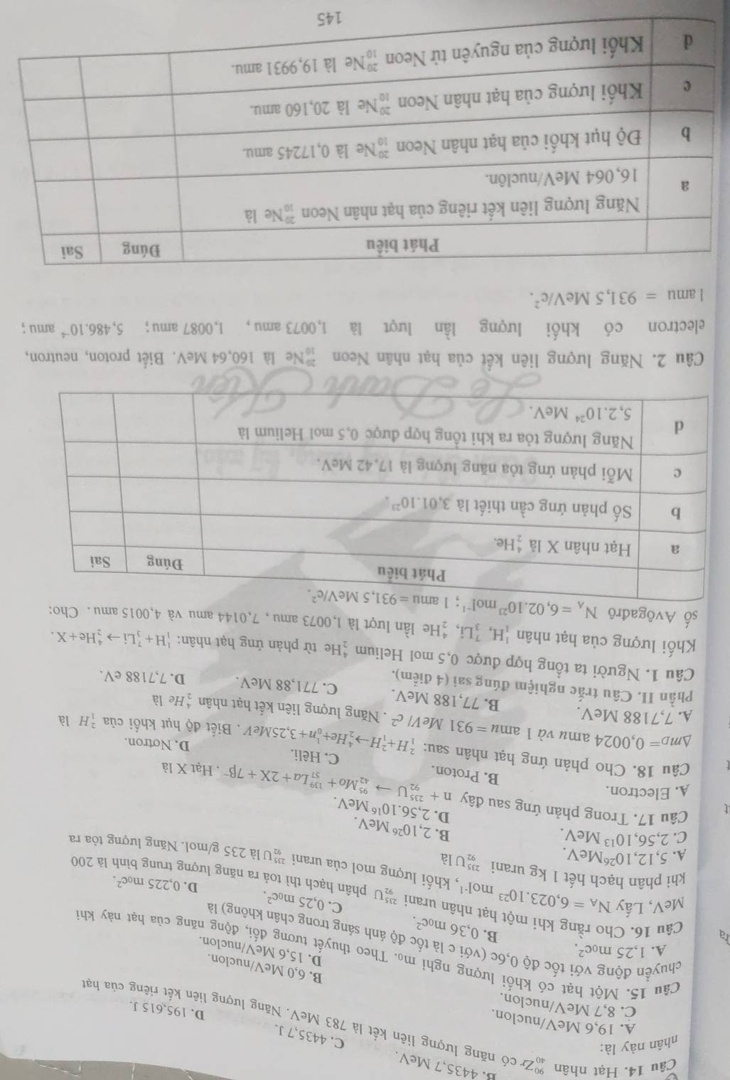 B. 4435,7 MeV. C. 4435,7 J.
nhân này là:
Câu 14. Hạt nhân #Z có năng lượng liên kết là 783 MeV. Năng lượng liên kết riêng của hạ
A. 19,6 MeV/nuclon.
D. 195,615 J.
C. 8,7 MeV/nuclon.
B. 6,0 MeV/nuclon.
A. 1,25m_0c^2.
Câu 15. Một hạt có khối lượng nghi mọ. Theo thuyết tương đối, động năng của hạt này khi
D. 15,6 MeV/nuclon.
chuyền động với tốc độ 0,6c (với c là tốc độ ánh sáng trong chân không) là
ra Câu 16. C[
B. 0,36m_0c^2. 0,25m_0c^2.
C.
ân urani 'U phân
D. 0,225m_0c^2.
khi phân hạch hết 1 kg urani beginarrayr 235 92endarray U là
MeV, Lấy N_A=6,023.10^(23)mol^(-1) , khối lượng mol của urani U là 235 g/mol. Năng lượng tỏa ra
1 ra năng lượng trung bình là 200
A. 5,12,10^(26) MeV.
C. 2,56,10^(13) MeV. B. 2,10^(26)MeV.
D. 2,56.10^(16)N
Câu 17. Trong phản ứng sau đây n+_(92)^(235)Uto _(42)^(95)Mo+_(57)^(139)La+2X+7beta^-.HatXla A eV
A. Electron.
B. Proton. C. Hêli.
Câu 18. Cho phản ứng hạt nhân sau: D. Notron.
△ m_D=0,0024 amu và 1amu=931MeV/c^2 _1^(2H+_1^2Hto _2^4He+_0^1n+3,25MeV. Biết độ hụt khối của _1^2H là
A. 7,7188 MeV. _2^4Hela . Năng lượng liên kết hạt nhân
B. 77,188 MeV. C. 7 7 1,88 MeV.
Phần II. Câu trắc nghiệm đúng sai (4 điểm). D. 7,7188 eV.
Câu 1. Người ta tổng hợp được 0,5 mol Helium beginarray)r 4 2endarray He từ phản ứng hạt nhân: _1^(1H+_3^7Lito _2^4He+X.
Khối lượng của hạt nhân H,_3^7Li, [He lần lượt là 1,0073 amu , 7,0144 amu và 4,0015 amu . Cho:
số Avôgađrô 
Câu 2. Năng lượng liên kết của hạt nhân Neon Ne là 160,64 MeV. Biết proton, neutron,
electron có khối lượng lần lượt là 1,0073 amu , 1,0087 amu； 5,486.10^-4) amu ;
1amu =931,5MeV/c^2.