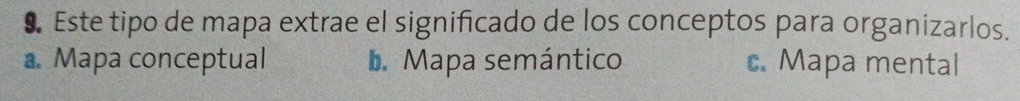 • Este tipo de mapa extrae el significado de los conceptos para organizarlos.
a. Mapa conceptual b. Mapa semántico c. Mapa mental