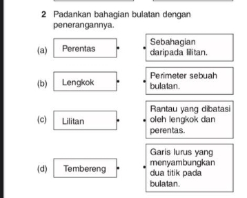 Padankan bahagian bulatan dengan 
penerangannya. 
Sebahagian 
(a) Perentas daripada lilitan. 
Perimeter sebuah 
(b) Lengkok bulatan. 
Rantau yang dibatasi 
(c) Lilitan oleh lengkok dan 
perentas. 
Garis lurus yang 
menyambungkan 
(d) Tembereng dua titik pada 
bulatan.