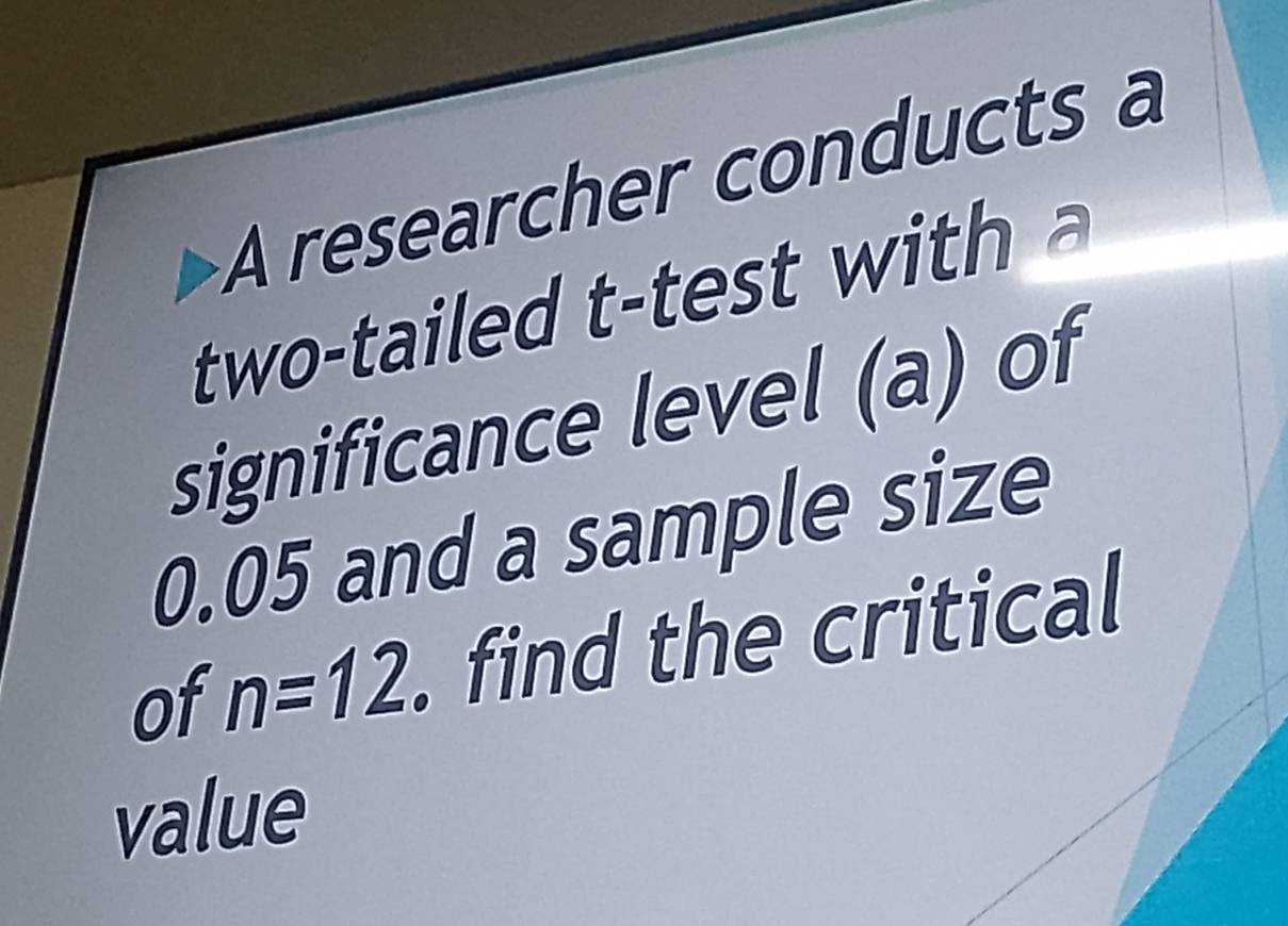 A researcher conducts a 
two-taile d t test w i 
significance level (a) of
0.05 and a sample size 
of n=12. find the critical 
value