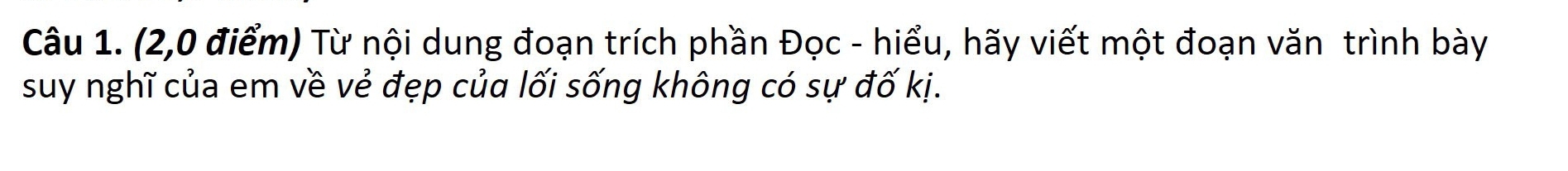 (2,0 điểm) Từ nội dung đoạn trích phần Đọc - hiểu, hãy viết một đoạn văn trình bày 
suy nghĩ của em về vẻ đẹp của lối sống không có sự đố kị.