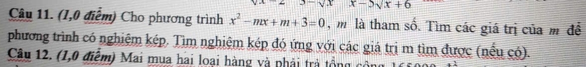 x-5sqrt(x+6)
Câu 11. (1,0 điểm) Cho phương trình x^2-mx+m+3=0 , m là tham số. Tìm các giá trị của m đề 
phương trình có nghiệm kép. Tìm nghiệm kép đó ứng với các giá trị m tìm được (nếu có). 
Câu 12. (1,0 điểm) Mai mua hai loại hàng và phải trả tổng cộn