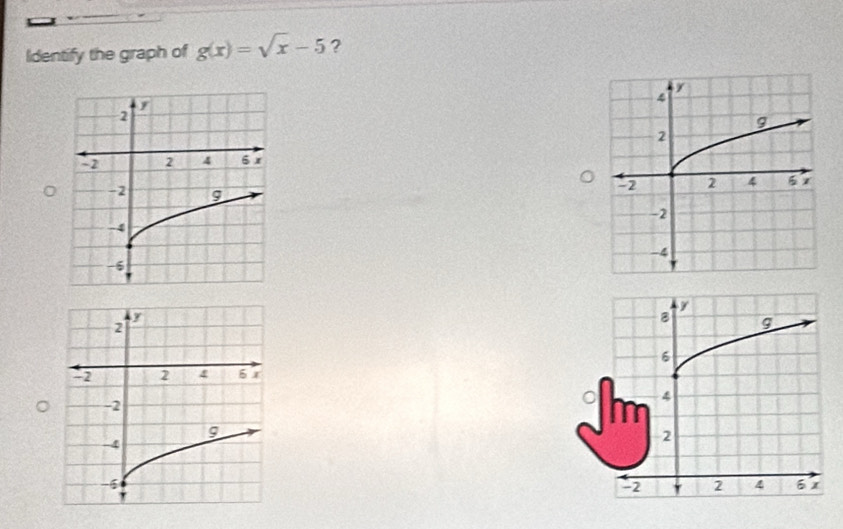 Identify the graph of g(x)=sqrt(x)-5 ?