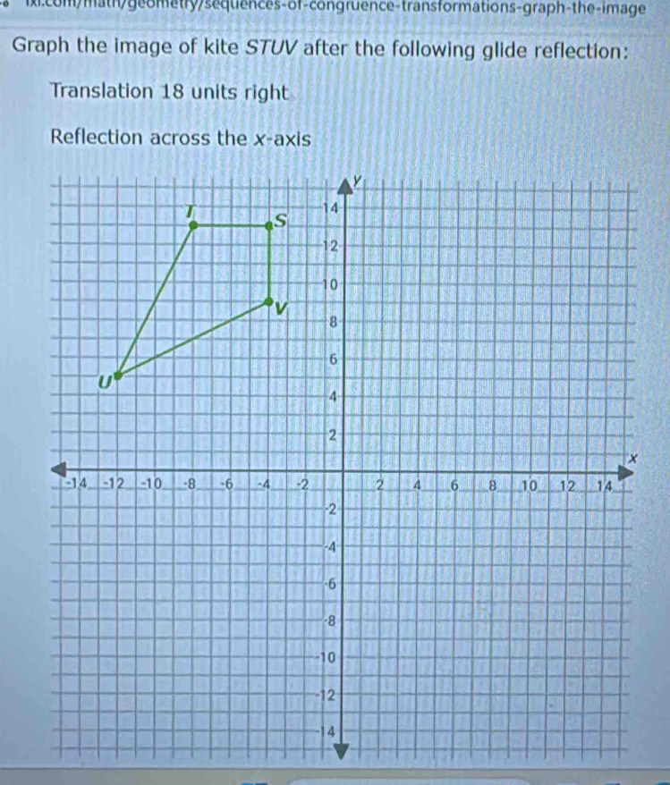 Graph the image of kite STUV after the following glide reflection: 
Translation 18 units right