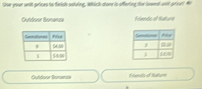 the your wnit prices to fnish saiving. Which stere is affering the lowest wnt pieat. M 
Outéeer Bonanza Feats o ldve 


Cutéror Carance Flends of ldure