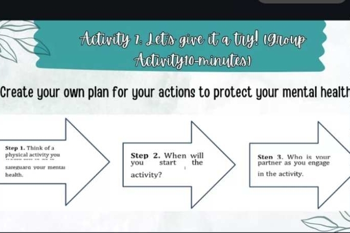 Activity 7. Let's give it a try! Ignoup 
Activity10-minytes) 
Create your own plan for your actions to protect your mental health 
Step 1. Think of a 
physical activity you Step 2. When will Sten 3. Who is vour 
sa t guard v our ment you start the partner as you engage 
health. activity? in the activity.