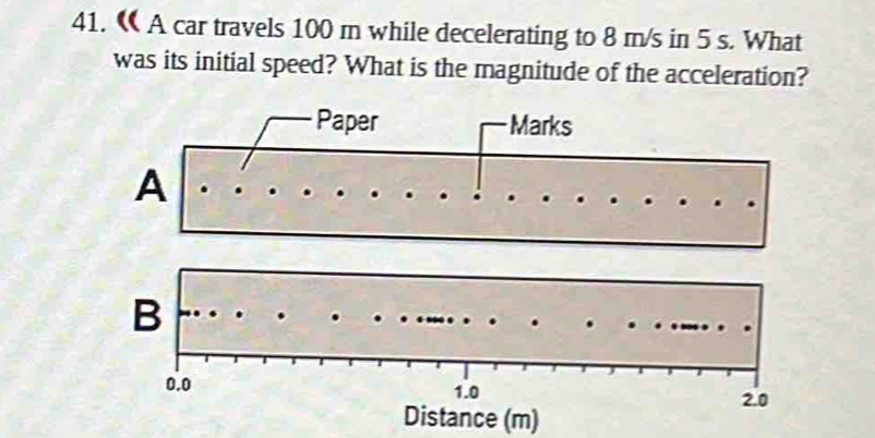 《 A car travels 100 m while decelerating to 8 m/s in 5 s. What 
was its initial speed? What is the magnitude of the acceleration? 
Distance (m)