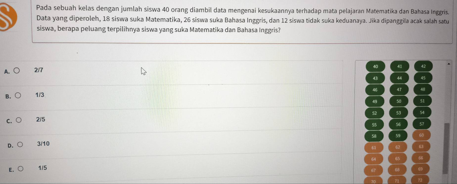 Pada sebuah kelas dengan jumlah siswa 40 orang diambil data mengenai kesukaannya terhadap mata pelajaran Matematika dan Bahasa Inggris.
Data yang diperoleh, 18 siswa suka Matematika, 26 siswa suka Bahasa Inggris, dan 12 siswa tidak suka keduanaya. Jika dipanggila acak salah satu
siswa, berapa peluang terpilihnya siswa yang suka Matematika dan Bahasa Inggris?
40 41 42
A.○ 217
43 44 45
46 47 48
B. 1/3
49 50 51
52 53 54
c. ○ 2/5
55 56 57
58 59 60
D. 3/10
61 62
64 65 66
E. 1/5 69
67 68
71 72