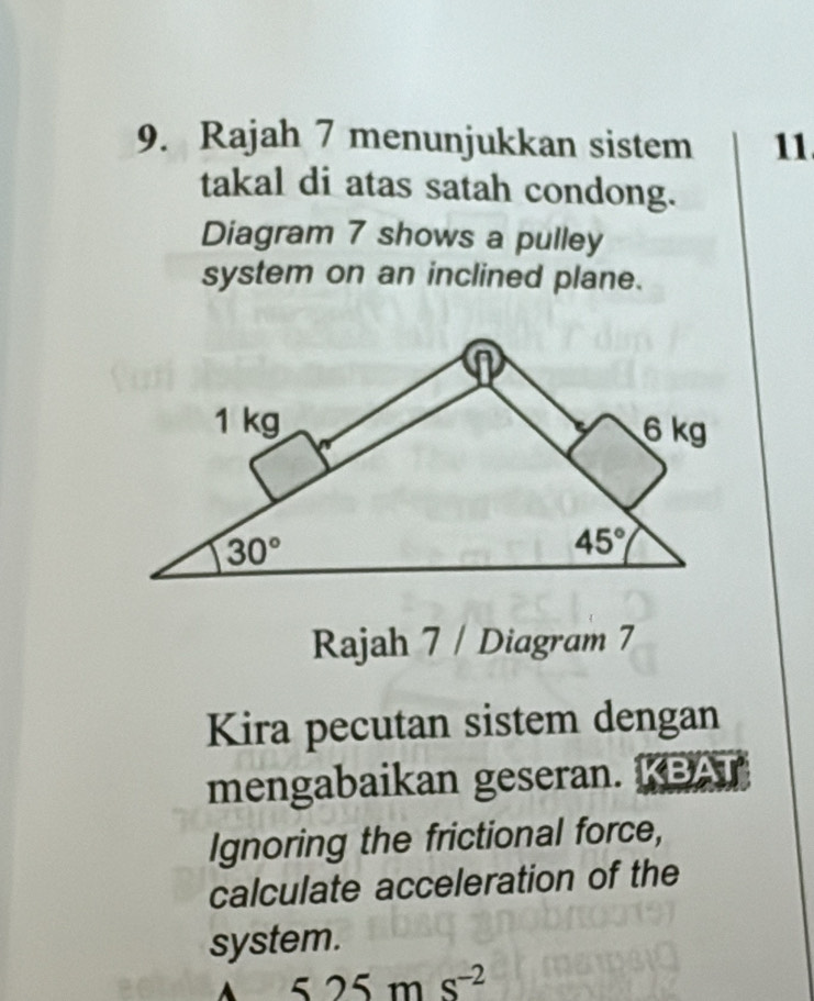 Rajah 7 menunjukkan sistem 11
takal di atas satah condong.
Diagram 7 shows a pulley
system on an inclined plane.
Rajah 7 / Diagram 7
Kira pecutan sistem dengan
mengabaikan geseran. KBAT
Ignoring the frictional force,
calculate acceleration of the
system.
525ms^(-2)