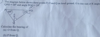 The diagram below shows three points P, O and Q on level ground. O is due east of P, angle
QPO=68° and angle POQ=29°.
Calculate the bearing of
(a) O from Q,
(b) P from Q