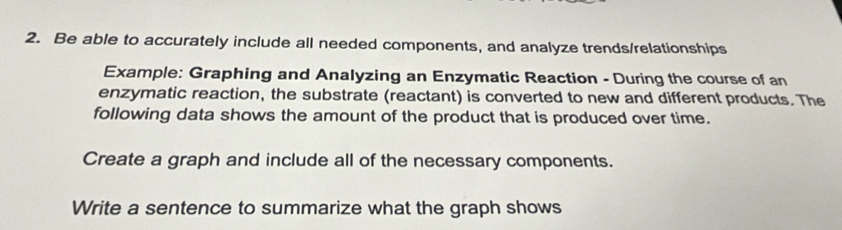 Be able to accurately include all needed components, and analyze trends/relationships 
Example: Graphing and Analyzing an Enzymatic Reaction - During the course of an 
enzymatic reaction, the substrate (reactant) is converted to new and different products. The 
following data shows the amount of the product that is produced over time. 
Create a graph and include all of the necessary components. 
Write a sentence to summarize what the graph shows