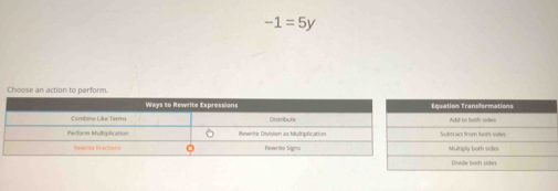 -1=5y
Choose an action to perform.