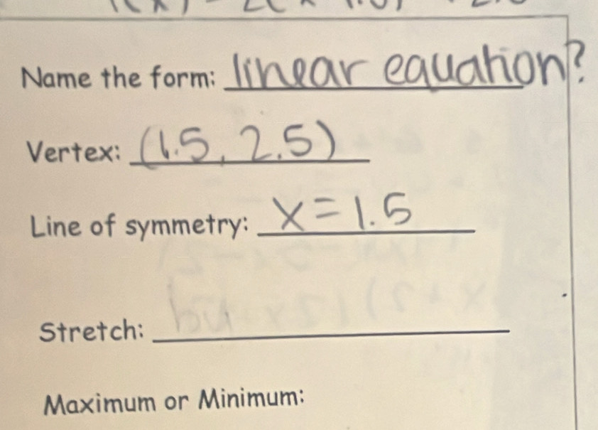 Name the form;_ 
Vertex:_ 
Line of symmetry:_ 
Stretch:_ 
Maximum or Minimum: