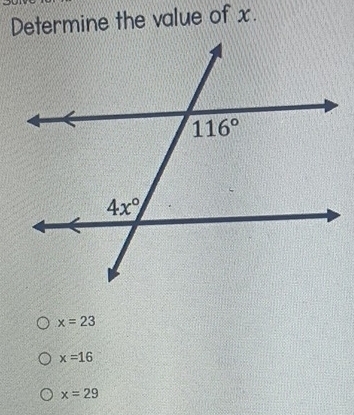 Determine the value of x.
x=23
x=16
x=29