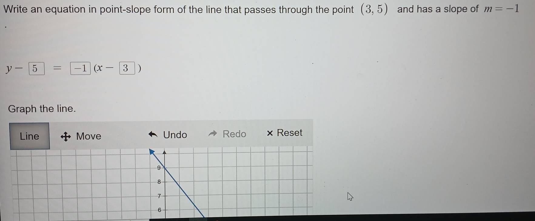 Write an equation in point-slope form of the line that passes through the point (3,5) and has a slope of m=-1
y-5=-1(x-3)
Graph the line. 
Line Move Undo Redo × Reset