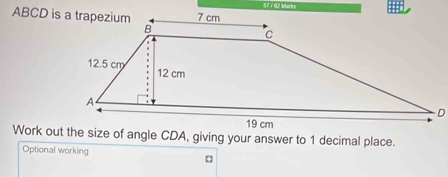 57 / 62 Marks
Optional working