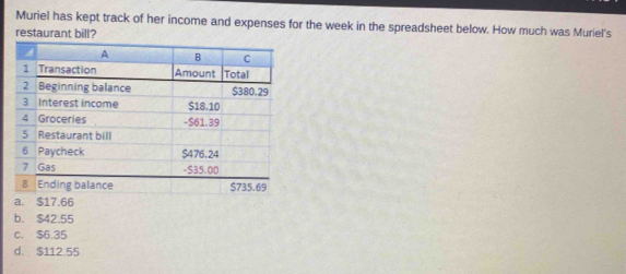 Muriel has kept track of her income and expenses for the week in the spreadsheet below. How much was Muriel's
restaurant bill?
a. $17.66
b. $42.55
c. $6.35
d. $112.55