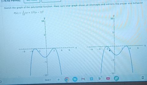 2P0 43 Points 
Sketch the graph of the polynomial function. Make sure your graph shows all intercepts and exhibits the proper end behavior
P(x)= 1/12 (x+2)^2(x-3)^2
x
Desk 1 M