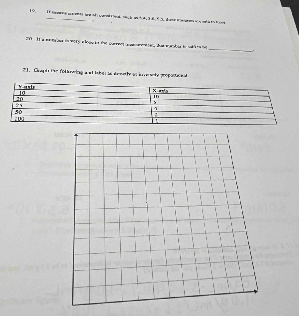 19, If measurements are all consistent, such as 5.4, 5.6, 5.5, these numbers are said to have
_
20. If a number is very close to the correct measurement, that number is said to be
21. Graph the following and label as directly or inversely proportional.