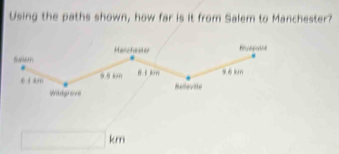 Using the paths shown, how far is it from Salem to Manchester?
km