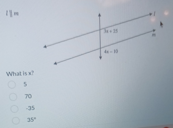 l|| 72
What is x?
5
70
-35
35°