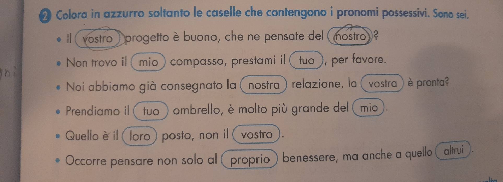 Colora in azzurro soltanto le caselle che contengono i pronomi possessivi. Sono sei. 
Ⅱ( vostro) progetto è buono, che ne pensate del ( nostro)? 
Non trovo il (mio) compasso, prestami il ( tuo), per favore. 
Noi abbiamo già consegnato la nostra ) relazione, la ( vostra ) è pronta? 
Prendiamo il ( tuo) ombrello, è molto più grande del (mio). 
Quello è il (loro) posto, non il (vostro 
Occorre pensare non solo al (proprio benessere, ma anche a quello altrui