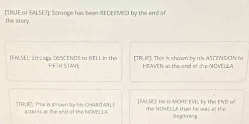 [TRUE or FALSE?]: Scrooge has been REDEEMED by the end of 
the story. 
[FALSE]: Scrooge DESCENDS to HELL in the [TRUE]: This is shown by his ASCENSION to 
FIFTH STAVE HEAVEN at the end of the NOVELLA 
[TRUE]: This is shown by his CHARITABLE [FALSE]: He is MORE EVIL by the END of 
actions at the end of the NOVELLA the NOVELLA than he was at the 
beginning