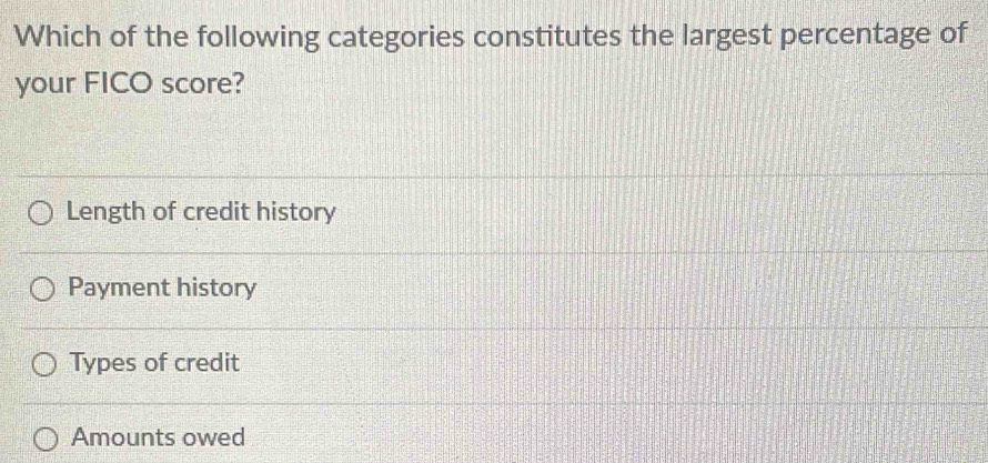 Which of the following categories constitutes the largest percentage of
your FICO score?
Length of credit history
Payment history
Types of credit
Amounts owed