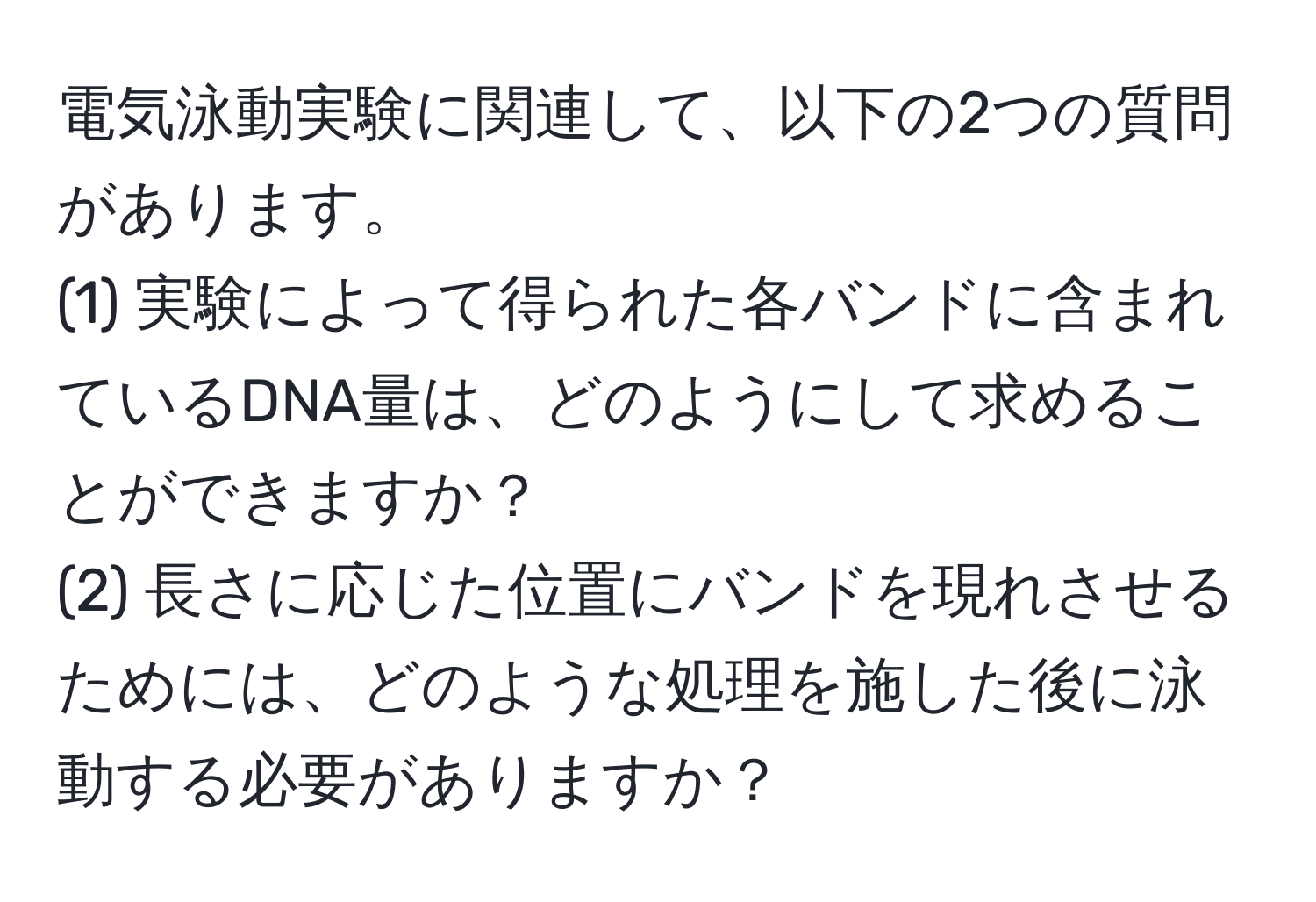 電気泳動実験に関連して、以下の2つの質問があります。  
(1) 実験によって得られた各バンドに含まれているDNA量は、どのようにして求めることができますか？  
(2) 長さに応じた位置にバンドを現れさせるためには、どのような処理を施した後に泳動する必要がありますか？