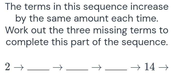 The terms in this sequence increase 
by the same amount each time. 
Work out the three missing terms to 
complete this part of the sequence.
2
_ 
_ 
_
14