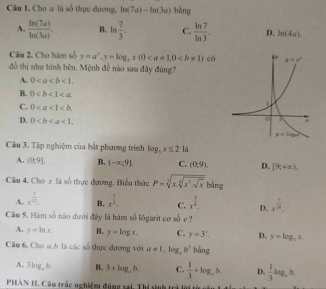 Cho a là số thực dương, ln (7a)-ln (3a) bằng
B.
C.
A.  ln (7a)/ln (3a) . ln  7/3 .  ln 7/ln 3 . ln (4a).
D.
Câu 2. Cho hàm số y=a^x,y=log _bx(0 có
đồ thị như hình bên. Mệnh đề nào sau đây đúng?
A. 0<1.
B. 0
C. 0
D. 0<1.
Câu 3. Tập nghiệm của bất phương trình log _3x≤ 2 là
A. (0;9]. B. (-∈fty ;9]. C. (0;9). D. [9;+∈fty ).
Câu 4. Cho x là số thực dương. Biểu thức P=sqrt[3](x.sqrt [4]x^3.sqrt x) bằng
A. x^(frac 7)12. x^(frac 1)2. x^(frac 5)8.
B.
C.
D. x^(frac 7)24.
Câu 5. Hàm số nào dưới đây là hàm số lôgarit cơ Shat O e ?
A. y=ln x. B. y=log x. y=3^x.
C.
D. y=log _3x.
Câu 6. Cho a,b là các số thực dương với a!= 1,log _ab^3 bằng
A. 3log _ab. B. 3+log _ab.  1/3 +log _ab.  1/3 log _ab.
C.
D.
PHẢN II. Câu trắc nghiệm đúng sai. Thí sinh trả lời từ c