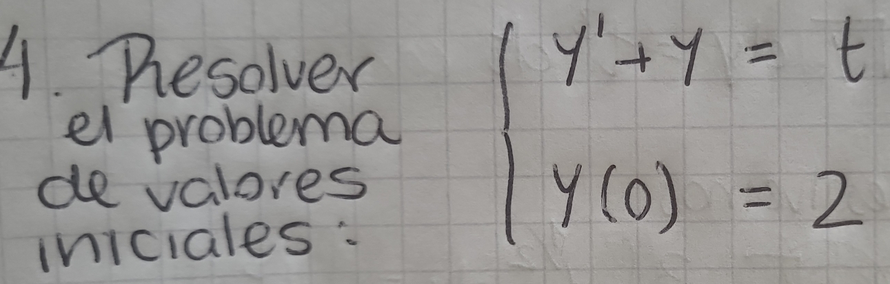 Presolver 
el problema 
de valores 
iniciales:
beginarrayl y'+y=t y(0)=2endarray.