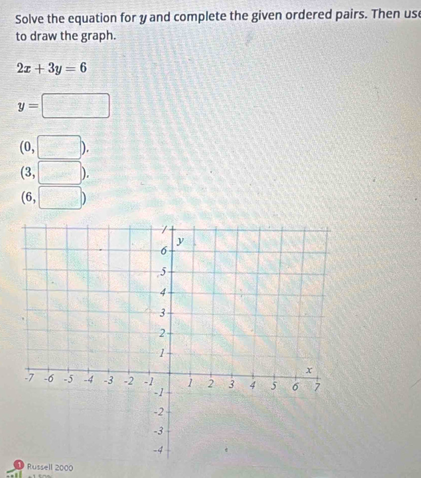 Solve the equation for y and complete the given ordered pairs. Then use
to draw the graph.
2x+3y=6
y=□
(0,□ ).
(3,□ ).
(6,□ )
1 Russell 2000