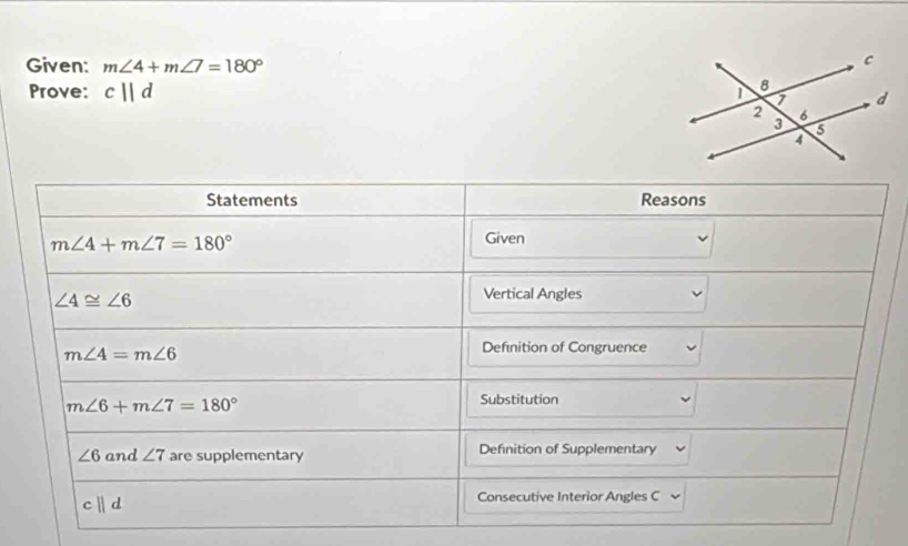 Given: m∠ 4+m∠ 7=180°
Prove: c||d
