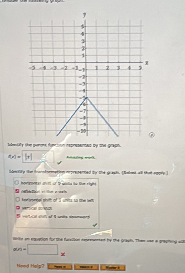 Identify the parent function represented by the graph.
f(x)= x| Amazing work.
Identify the transformation represented by the graph. (Select all that apply.)
horizental sft of 5 units to the right
refection in the x -exis
horizental shift of 5 units to the left
vertical stretch
vertical shift of 5 units downward
Wrte an equation for the function represented by the graph. Then use a graphing ut
g(x)=□
Need Help? Read iI