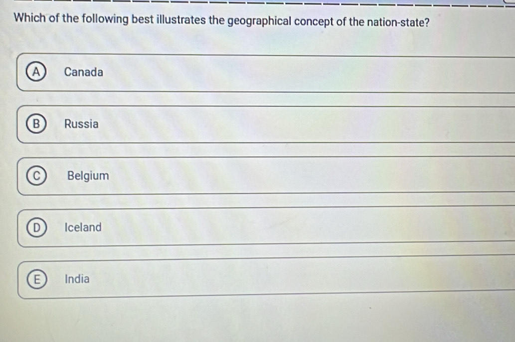 Which of the following best illustrates the geographical concept of the nation-state?
A Canada
B Russia
C Belgium
D Iceland
E India