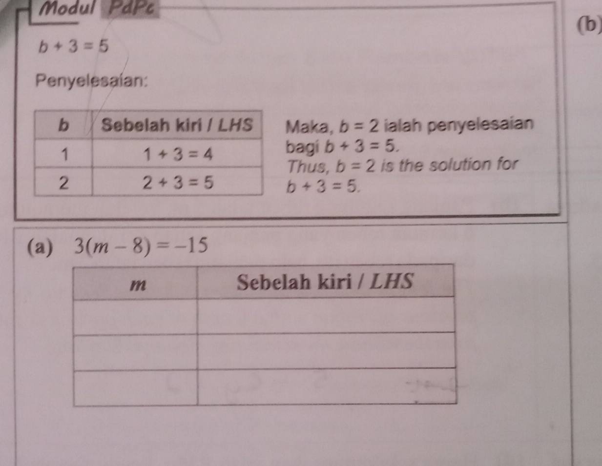 Modul PdPc
(b)
b+3=5
Penyelesaian:
Maka, b=2 ialah penyelesaian
bagi b+3=5.
Thus, b=2 is the solution for
b+3=5.
(a) 3(m-8)=-15