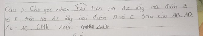 Cau 2: Cho goc nhon widehat DCAY Iren tia Ax lag hc diem B
jà E, trén tia Ay lag hāi diem Dvà c Sao cho AB. AD.
AE=AC CMR: △ ABC= △ ADE