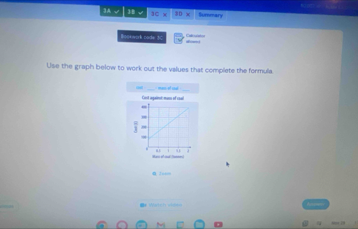 800574 81 1- 
3A 3B 3C* 3D + Summary 
Bookwork code: 30 Calculator 
silowed 
Use the graph below to work out the values that complete the formula. 
cost _ mass of coal _ 
Cost against mass of coal 
Mass of coal (tonnes) 
@ Zoom 
# Watch video Assowos 
Now 28