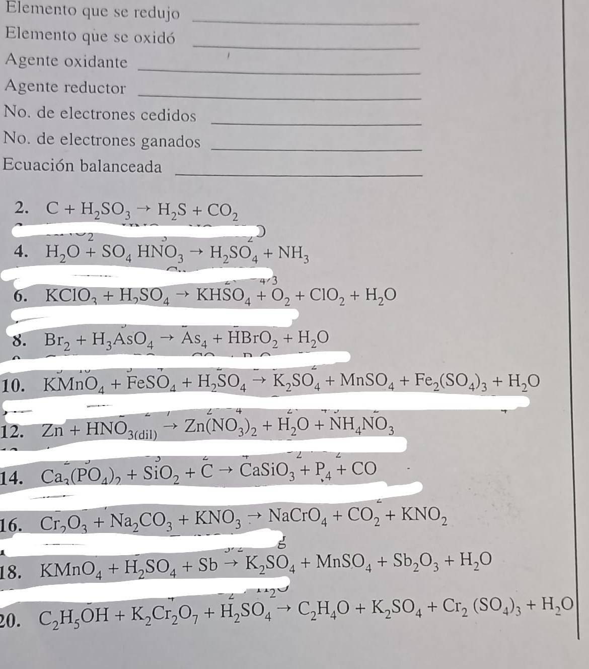 Elemento que se redujo_
Elemento que se oxidó_
_
Agente oxidante
Agente reductor
_
No. de electrones cedidos_
No. de electrones ganados_
_
Ecuación balanceada
2. C+H_2SO_3to H_2S+CO_2

4. H_2O+SO_4HNO_3to H_2SO_4+NH_3
4/ 3
6. KClO_3+H,SO_4to KHSO_4+O_2+ClO_2+H_2O
8. Br_2+H_3AsO_4to As_4+HBrO_2+H_2O
10. KMnO_4+FeSO_4+H_2SO_4to K_2SO_4+MnSO_4+Fe_2(SO_4)_3+H_2O
4
12. Zn+HNO_3(dil)to Zn(NO_3)_2+H_2O+NH_4NO_3
14. Ca_2(PO_4)_2+SiO_2+Cto CaSiO_3+P_4+CO
16. Cr_2O_3+Na_2CO_3+KNO_3to NaCrO_4+CO_2+KNO_2
8
18. KMnO_4+H_2SO_4+Sbto K_2SO_4+MnSO_4+Sb_2O_3+H_2O
*2
20. C_2H_5OH+K_2Cr_2O_7+H_2SO_4to C_2H_4O+K_2SO_4+Cr_2(SO_4)_3+H_2O
