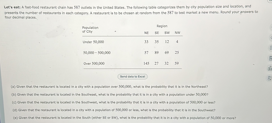 Let's eat: A fast-food restaurant chain has 587 outlets in the United States. The following table categorizes them by city population size and location, and 
presents the number of restaurants in each category. A restaurant is to be chosen at random from the 587 to test market a new menu. Round your answers to 
four decimal places. 
E 
C 
Send data to Excel 
ξ 
(a) Given that the restaurant is located in a city with a population over 500,000, what is the probability that it is in the Northeast? 
(b) Given that the restaurant is located in the Southeast, what is the probability that it is in a city with a population under 50,000? 
(c) Given that the restaurant is located in the Southwest, what is the probability that it is in a city with a population of 500,000 or less? 
(d) Given that the restaurant is located in a city with a population of 500,000 or less, what is the probability that it is in the Southwest? 
(e) Given that the restaurant is located in the South (either SE or SW), what is the probability that it is in a city with a population of 50,000 or more?