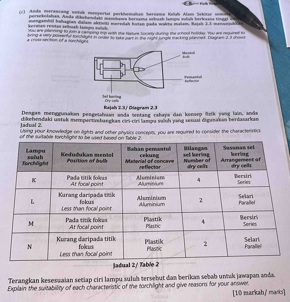 A 2= Fizik Tingk 
(c) Anda merancang untuk menyertai perkhemahan bersama Kelab Alam Sekitar semasa 
persekolahan. Anda dikehendaki membawa bersama sebuah lampu suluh berkuasa tinggi un 
mengambil bahagian dalam aktiviti meredah hutan pada waktu malam. Rajah 2.3 menunjukkan 
keratan rentas sebuah lampu suluh. 
You are planning to join a camping trip with the Nature Society during the school holiday. You are required to 
bring a very powerful torchlight in order to take part in the night jungle tracking planned. Diagram 2.3 shows 
a cross-section of a torchlight. 
Rajah 2.3/ Diagram 2.3 
Dengan menggunakan pengetahuan anda tentang cahaya dan konsep fizik yang lain, anda 
dikehendaki untuk mempertimbangkan ciri-ciri lampu suluh yang sesuai digunakan berdasarkan 
Jadual 2. 
Using your knowledge on lights and other physics concepts, you are required to consider the characteristics 
of the suitab 
Terangkan kesesuaian setiap ciri lampu suluh tersebut dan berikan sebab untuk jawapan anda. 
Explain the suitability of each characteristic of the torchlight and give reasons for your answer. 
[10 markah/ marks]