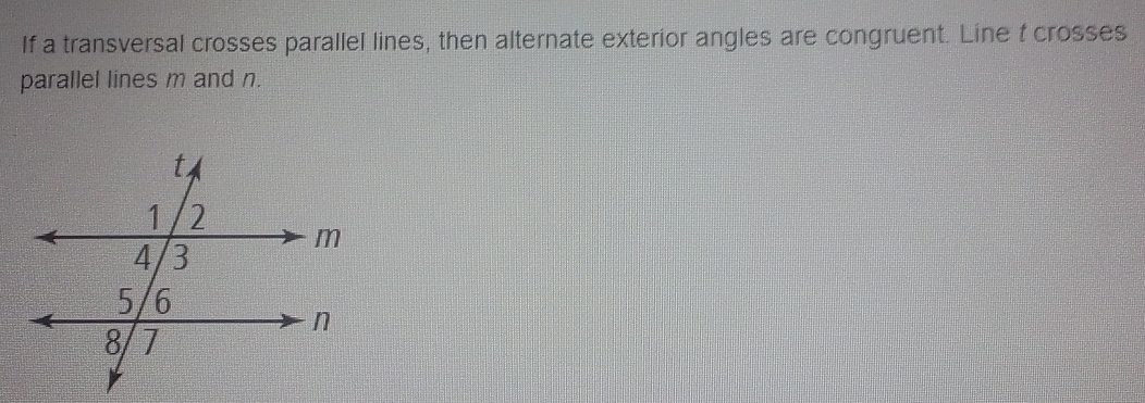 If a transversal crosses parallel lines, then alternate exterior angles are congruent. Line f crosses 
parallel lines m and n.