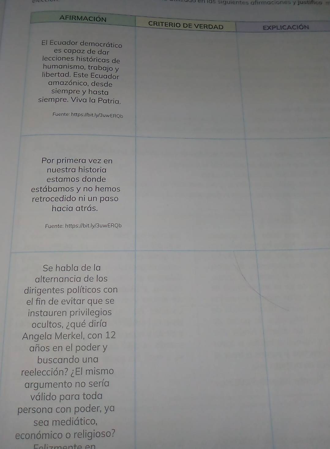 uó en las siguientes afirmaciones y justifc o 
AFIRMACIÓN 
p 
económico o religioso? 
Felizmente en