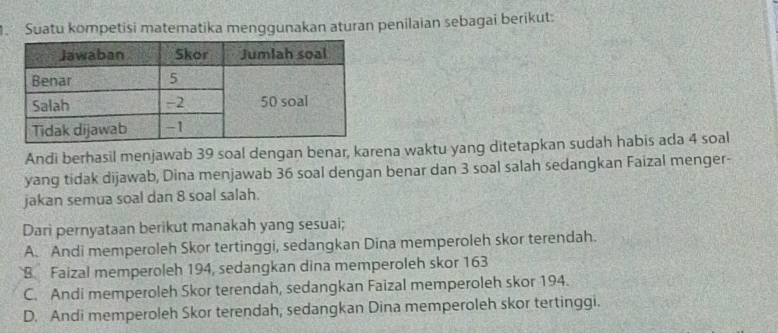 Suatu kompetisi matematika menggunakan aturan penilaian sebagai berikut:
Andi berhasil menjawab 39 soal dengan benar, karena waktu yang ditetapkan sudah habis ada 4 soal
yang tidak dijawab, Dina menjawab 36 soal dengan benar dan 3 soal salah sedangkan Faizal menger-
jakan semua soal dan 8 soal salah.
Dari pernyataan berikut manakah yang sesuai;
A. Andi memperoleh Skor tertinggi, sedangkan Dina memperoleh skor terendah.
B Faizal memperoleh 194, sedangkan dina memperoleh skor 163
C. Andi memperoleh Skor terendah, sedangkan Faizal memperoleh skor 194.
D. Andi memperoleh Skor terendah, sedangkan Dina memperoleh skor tertinggi.