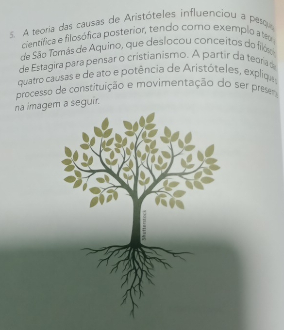 A teoria das causas de Aristóteles influenciou a pesquit 
científica e filosófica posterior, tendo como exemplo a teo 
de São Tomás de Aquino, que deslocou conceitos do filóscodo 
de Estagira para pensar o cristianismo. A partir da teoria d 
quatro causas e de ato e potência de Aristóteles, explique ; 
processo de constituição e movimentação do ser presente 
na imagem a seguir.