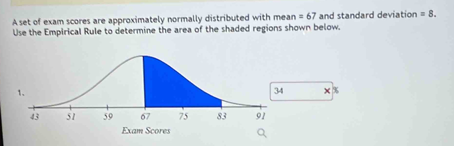 A set of exam scores are approximately normally distributed with mean =67 and standard deviation =8. 
Use the Empirical Rule to determine the area of the shaded regions shown below.
34 %