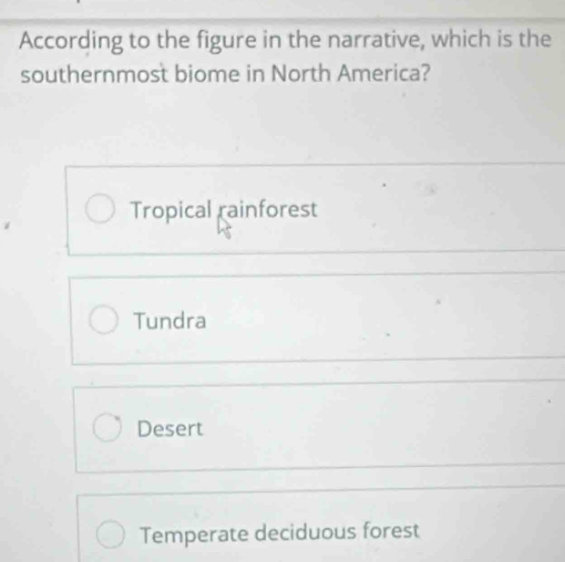 According to the figure in the narrative, which is the
southernmost biome in North America?
Tropical rainforest
Tundra
Desert
Temperate deciduous forest