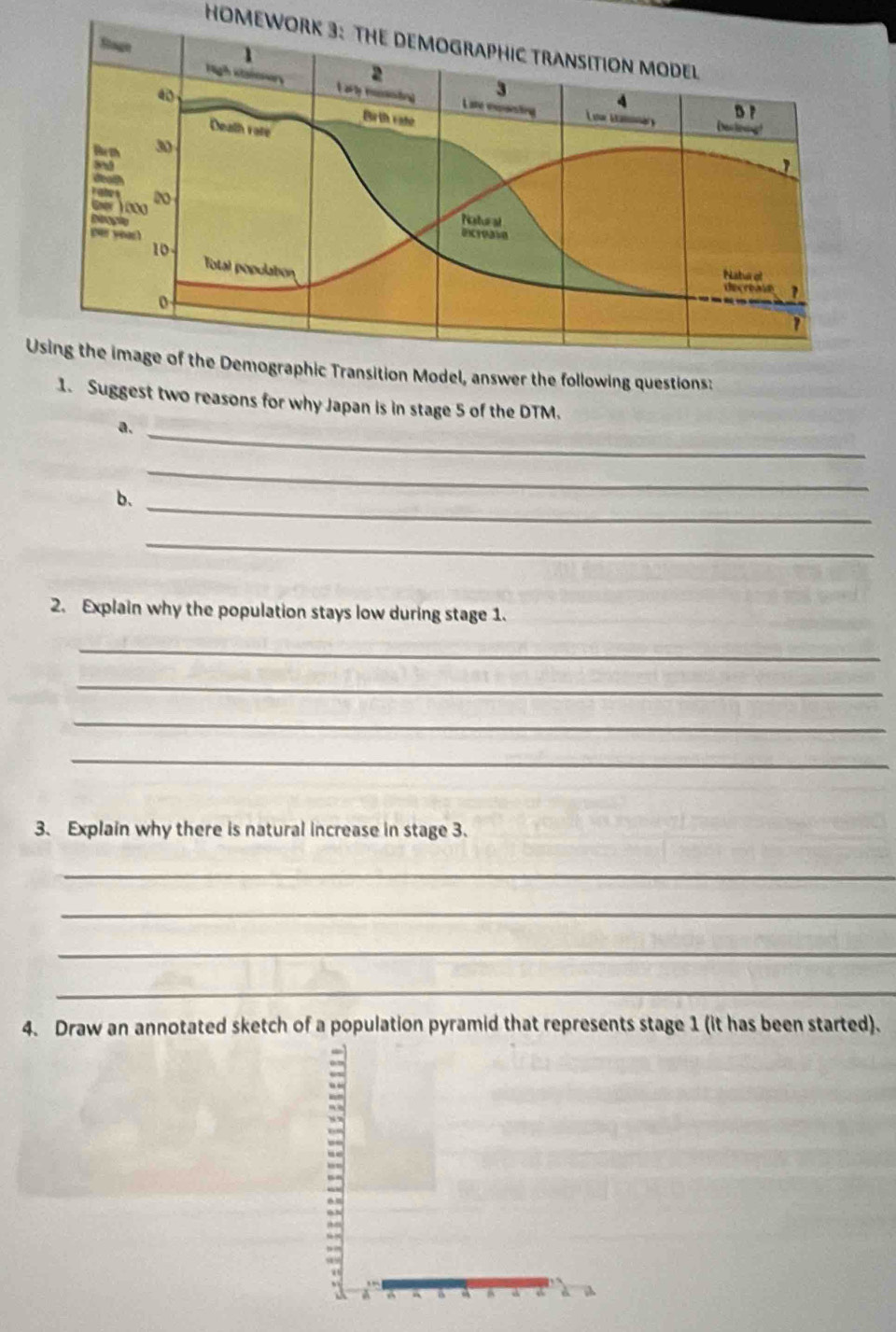 HOMEWORK 3: THE DEMOGRAPHIC TRANSITION MODEL 
ic Transition Model, answer the following questions: 
1. Suggest two reasons for why Japan is in stage 5 of the DTM. 
a._ 
_ 
b. 
_ 
_ 
2. Explain why the population stays low during stage 1. 
_ 
_ 
_ 
_ 
3. Explain why there is natural increase in stage 3. 
_ 
_ 
_ 
_ 
4. Draw an annotated sketch of a population pyramid that represents stage 1 (it has been started). 
= 
A