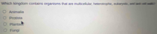 Which kingdom contains organisms that are multicellular, heterotrophic, eukaryotic, and wc ml wae?
Animalia
Protista
Planta
Fungi